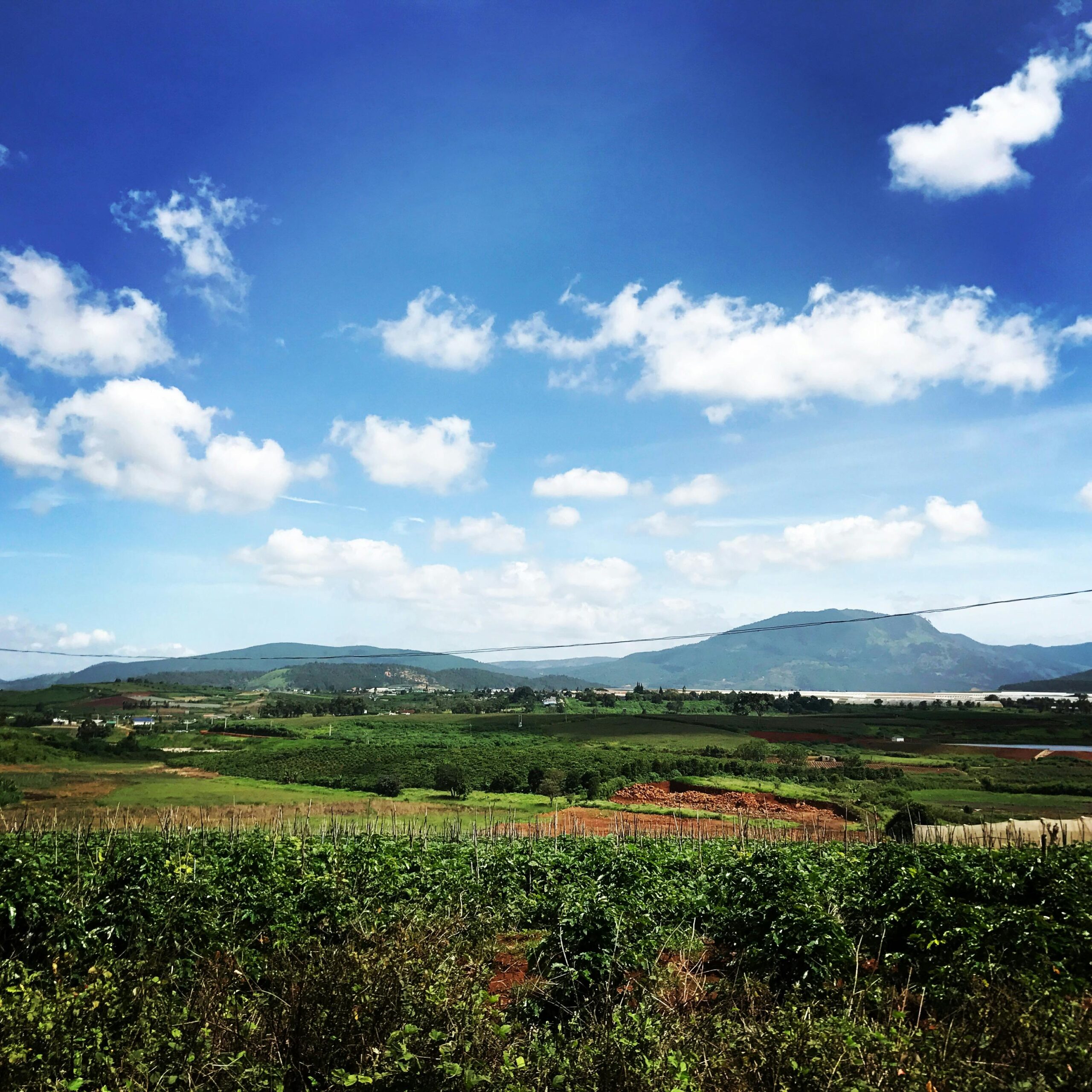 A beautiful rural landscape featuring rolling fields, distant mountains, and a vibrant blue sky with scattered clouds.